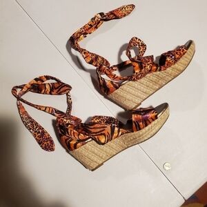 Womens  wild size 7  leopard  abkle wrap wedge heel shoe